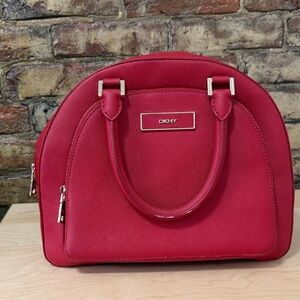 DKNY Red Dome Satchel with Gold Accents